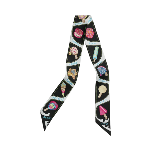 (W) Hermes Funny Ice Cream Twilly Noir Blanc Multicolore