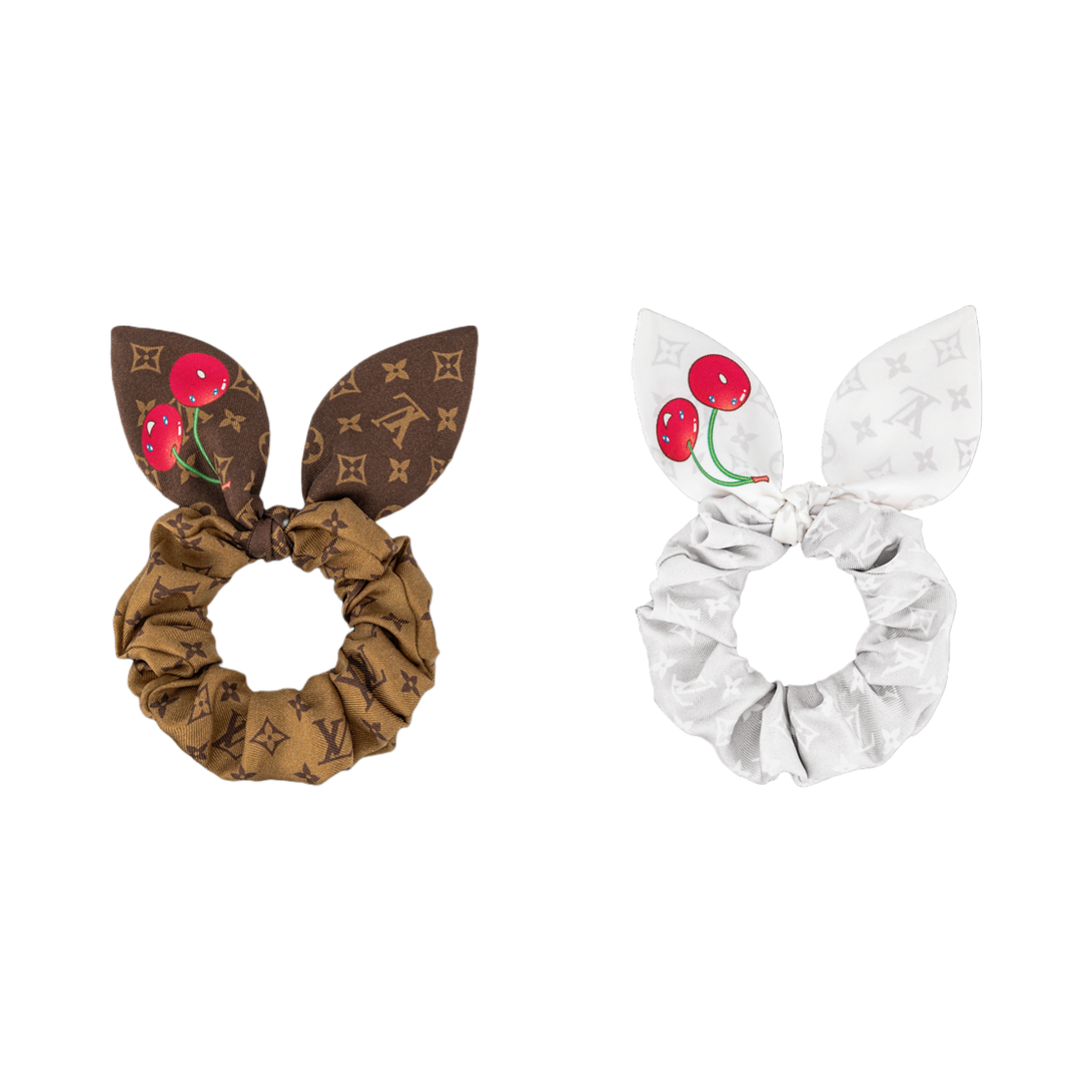 (W) 루이비통 x 무라카미 타카시 모노그램 세리즈 스크런치 (2개 세트)((W) Louis Vuitton x Murakami Takashi Monogram Cerise Scrunchies White Brown (Set of 2))