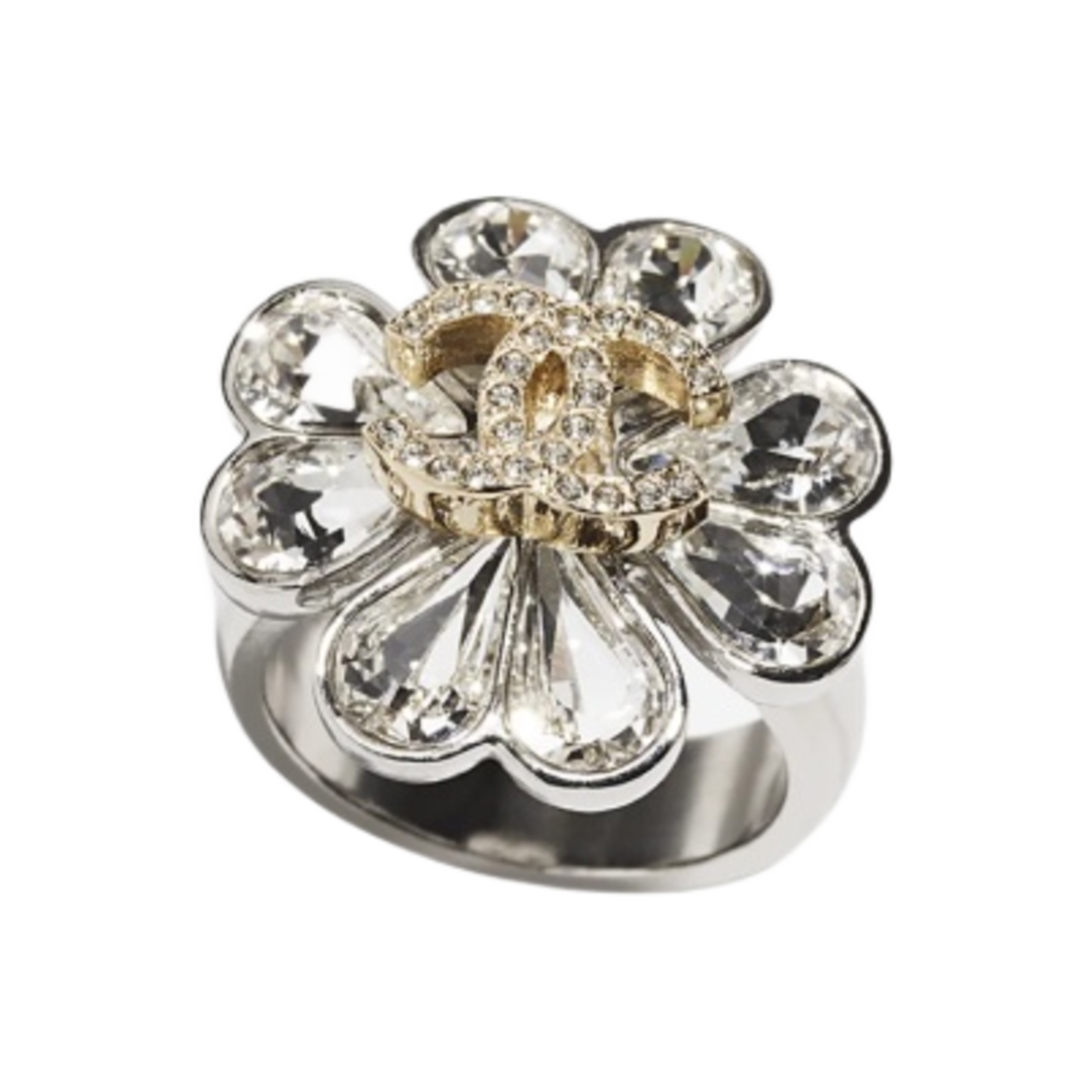 (W) 샤넬 링 메탈 스트라스 & 실버 골드 크리스탈((W) Chanel Ring Metal Strass & Silver Gold Crystal)
