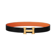 Hermes H Belt Buckle & Reversible Leather Strap 32mm & Platinum Brushed Gold Noir Orange