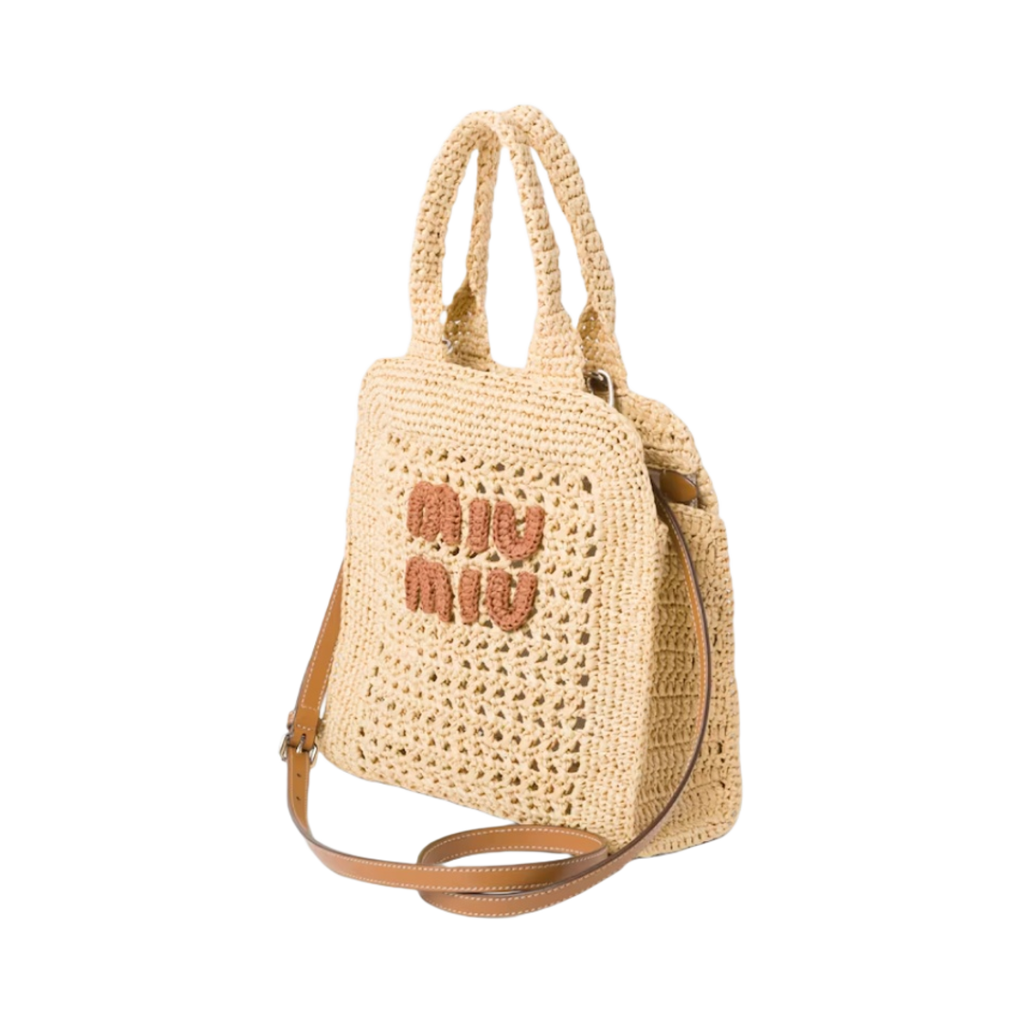 5BA283-2DO1-F0A5T Miu Miu Crochet Raffia Tote Bag Beige Cognac - #2