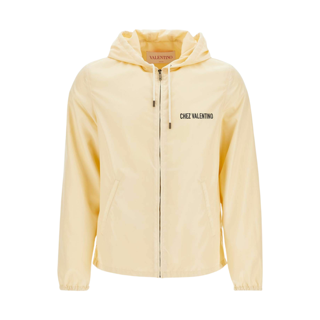 CI3486FNQT3 Valentino Nylon Hooded Windbreaker with Chez Valentino Print Beige Black