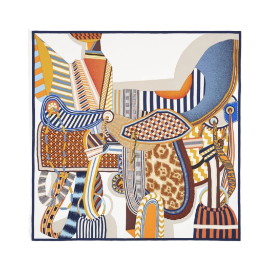 (W) Hermes La Selle Imaginaire Scarf 90 Blanc Bleu Brun