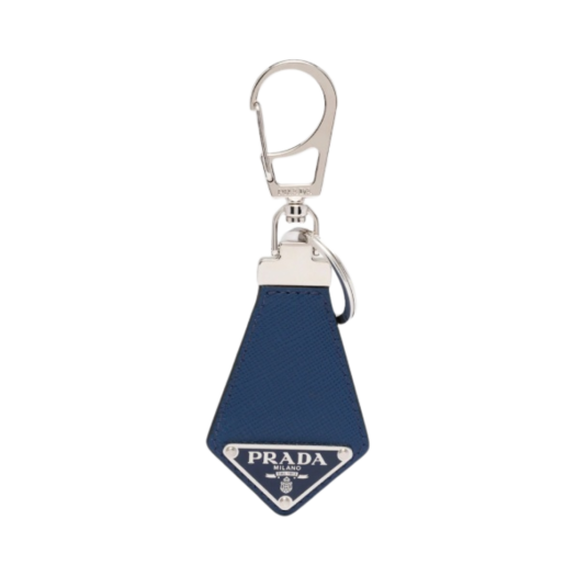 Prada Saffiano Leather Triangle Logo Keychain Bluette