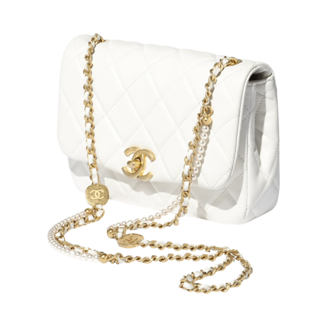 샤넬 미니 플랩백 샤이니 램스킨 이미테이션 펄 & 골드 메탈 화이트(Chanel Mini Flap Bag Shiny Lambskin Imitation Pearls & Gold White) - 2