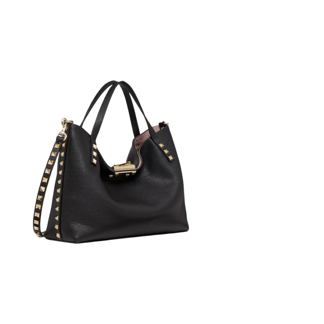 발렌티노 콘트라스팅 라이닝 스몰 그레이니 카프스킨 락스터드 백 블랙 로즈 쿼츠(Valentino Small Grainy Calfskin Rockstud Bag with Contrasting Lining Black Rose Quartz) - 2
