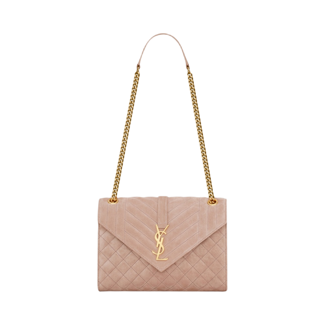 생로랑 엔벨로프 미디움 체인 백 믹스 마틀라세 스웨이드 로지 샌드(Saint Laurent Envelope Medium Chain Bag In Mix Matelasse Suede Rosy Sand) - 1