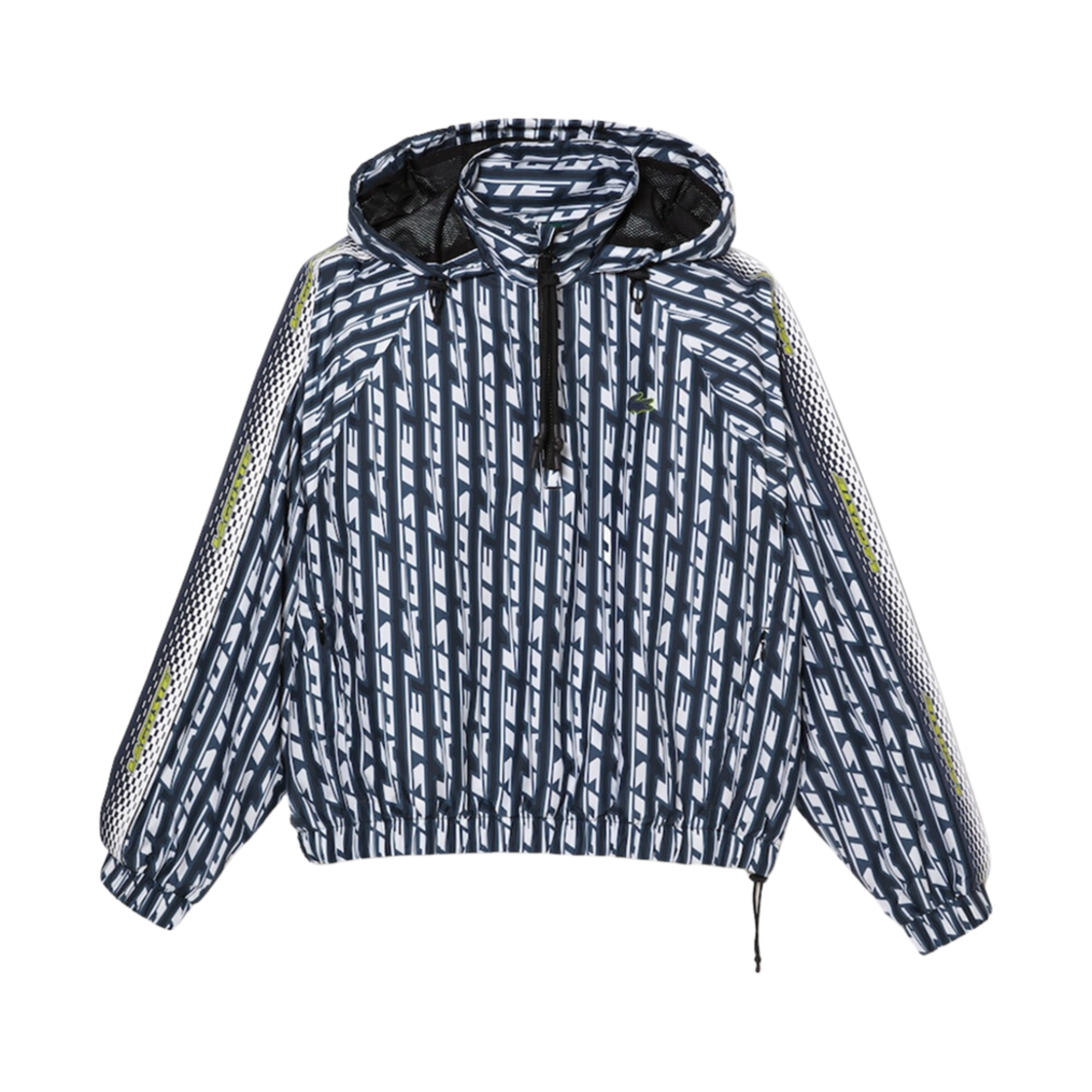 (W) 라코스테 올오버 로고 프린트 후드 아노락 블랙 블루 화이트((W) Lacoste Allover Logo Print Hoodie Anorak Black Blue White)