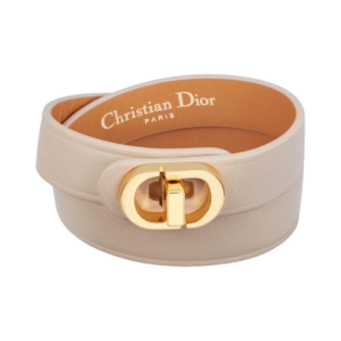 (W) 디올 30 몽테뉴 더블 브레이슬릿 파우더 베이지 카프스킨 골드 피니쉬 메탈((W) Dior 30 Montaigne Double Bracelet Powder Beige Calfskin Gold Finish Metal) - 1