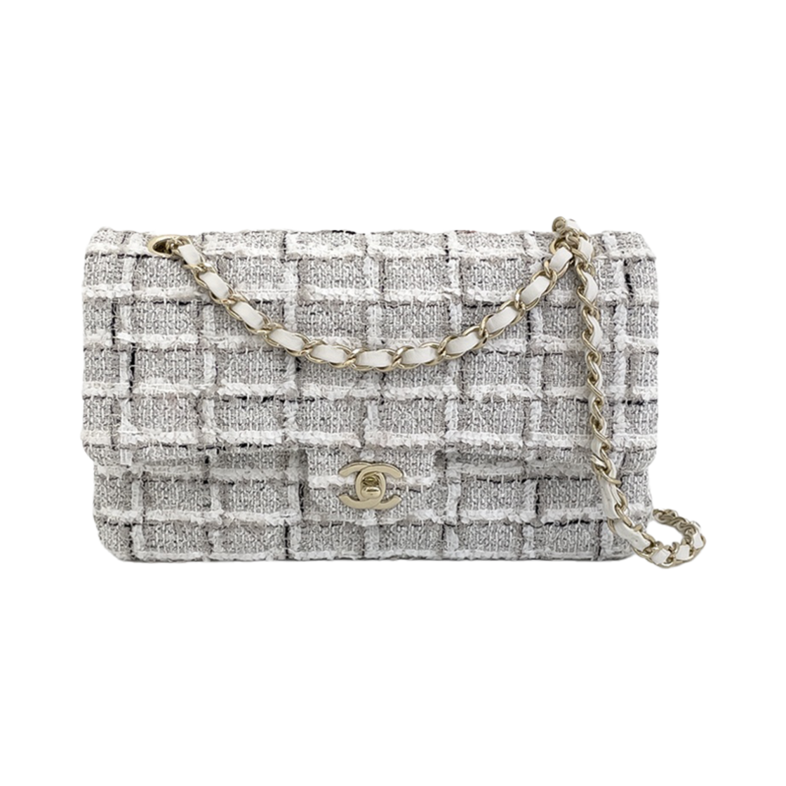 샤넬 클래식 미듐 화이트/멀티컬러 샴페인골드 트위드