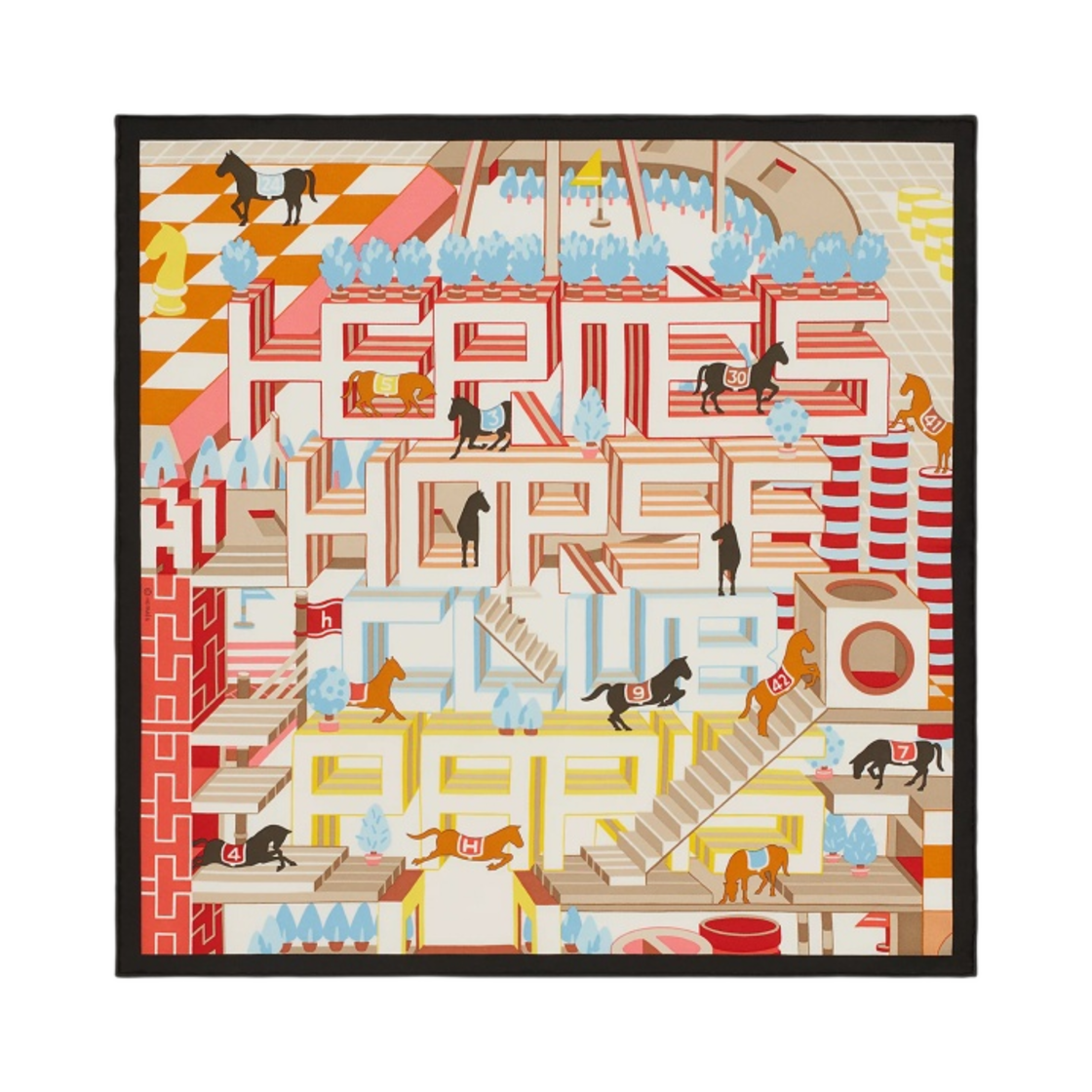 H893990S05 (W) Hermes Horse Club Detail Scarf 45 Noir Beige Corail