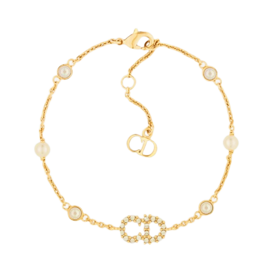 (W) 디올 클레어 D 룬 브레이슬릿 골드 피니쉬 메탈 & 화이트 레진 펄 화이트 크리스탈((W) Dior Clair D Lune Bracelet Gold Finish Metal & White Resin Pearls White Crystals)