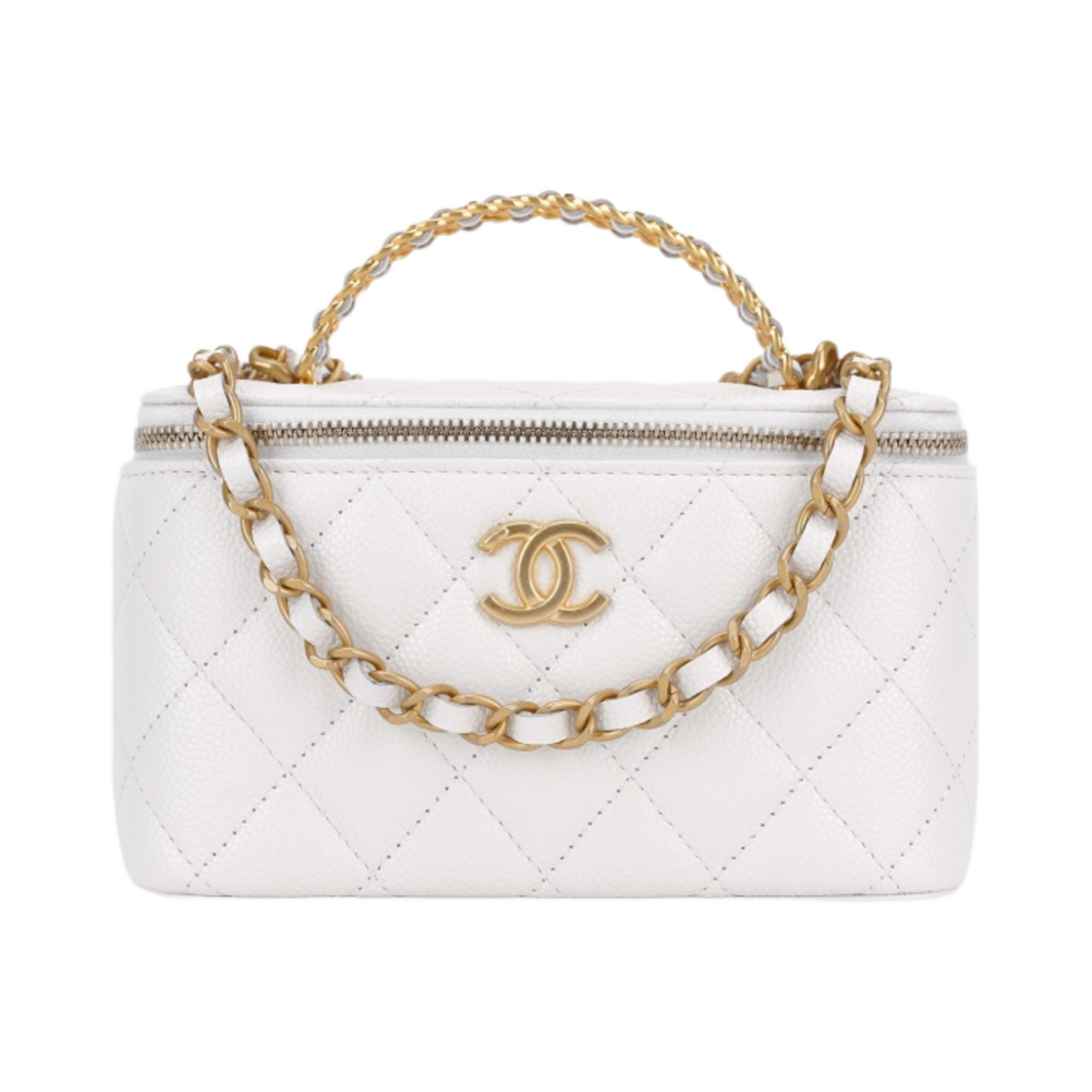 샤넬 체인 코스메틱 케이스 그레인드 샤이니 카프스킨 & 골드 메탈 화이트(Chanel Vanity with Chain Grained Shiny Calfskin & Gold White) - 1