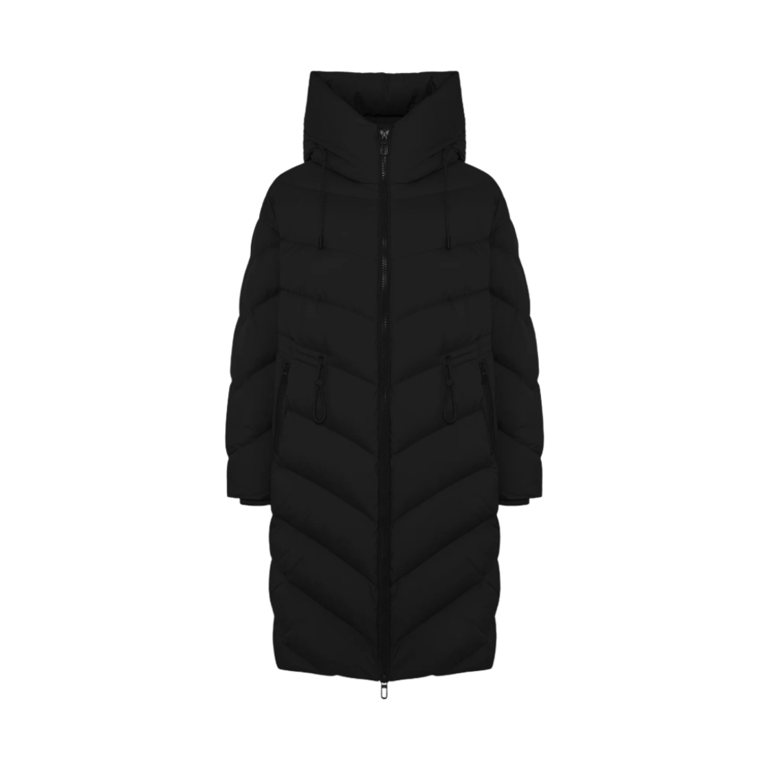 (W) 두노 다이애그널 퀼팅 웨이스트 드로우스트링 오팔 오버사이즈 롱 다운 자켓 블랙((W) Duno Opal Oversize Long Down Jacket with Diagonal Quilting and Waist Drawstring Black)