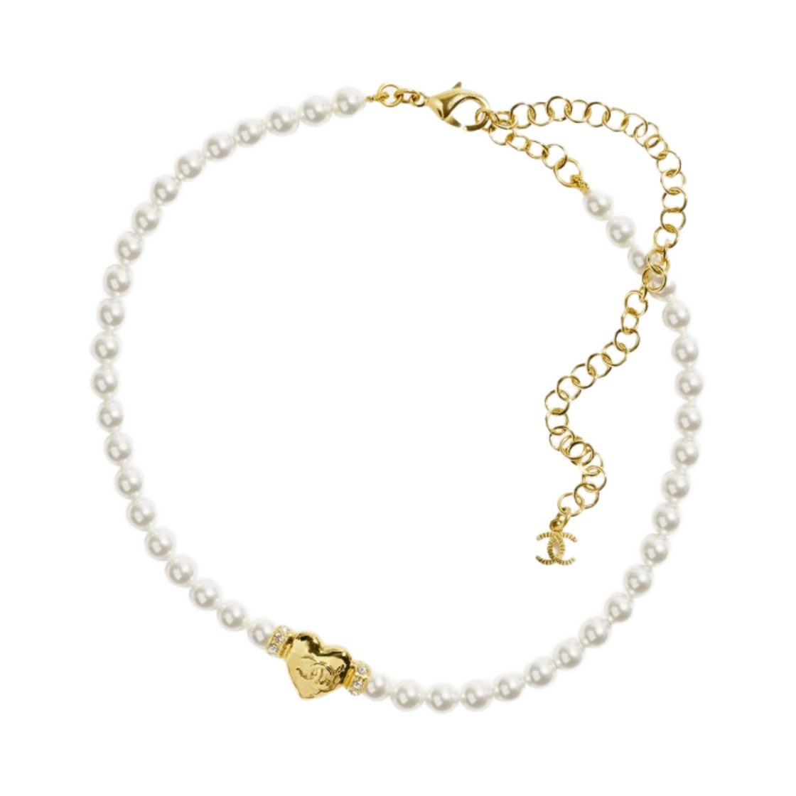 (W) 샤넬 초커 메탈 글래스 펄 스트라스 & 골드 펄리 화이트 크리스탈((W) Chanel Choker Metal Glass Pearls Strass & Gold Pearly White Crystal) - 1