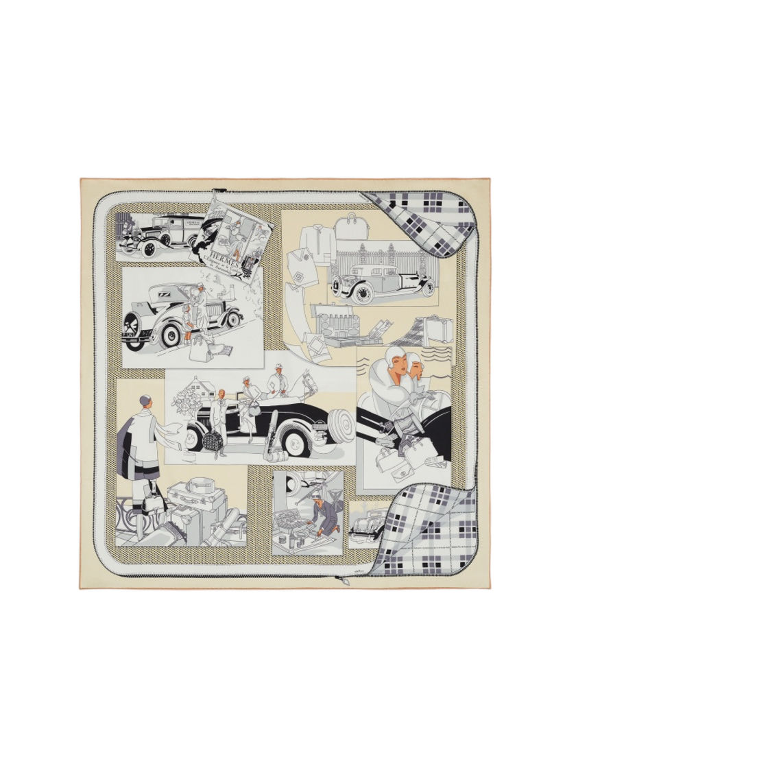 H981902S09 (W) Hermes Confort en Automobile Scarf 70 Creme Blanc Noir