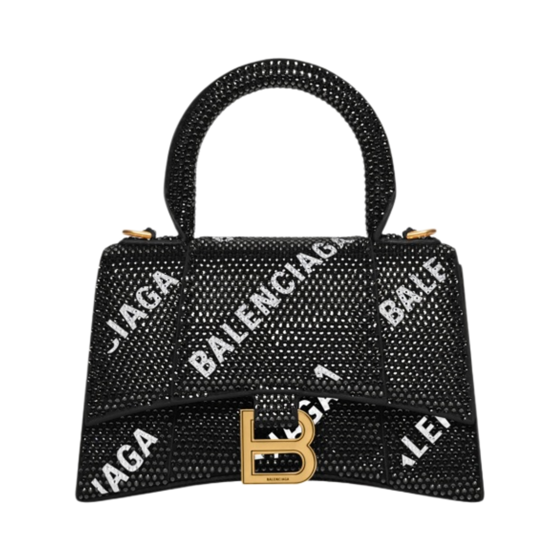 발렌시아가 아워글래스 XS 체인 올오버 로고 핸드백 라인스톤 블랙(Balenciaga Hourglass XS Handbag with Chain and Allover Logo Rhinestones Black) - 1