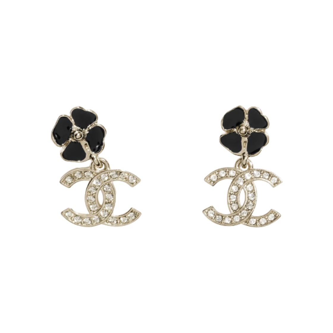 (W) 샤넬 펜던트 이어링 메탈 레진 스트라스 & 골드 블랙 크리스탈((W) Chanel Pendant Earrings Metal Resin Strass & Gold Black Crystal) - 1