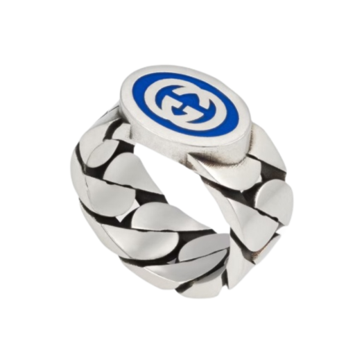 Gucci Interlocking G Enamel Ring Silver Blue Enamel