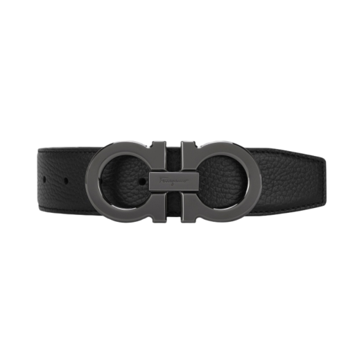 679710-689134 Ferragamo Reversible and Adjustable Textured Calfskin Leather Gancini Belt Black Hickory