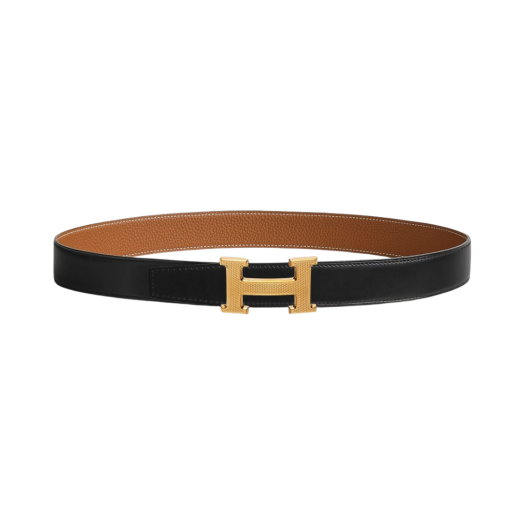 Hermes H Guillochee Belt Buckle & Reversible Leather Strap 32mm & Gold Noir Gold