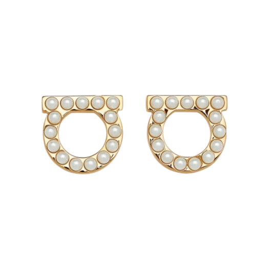 760125-696581 (W) Ferragamo Gancini Crystal Pearl Earrings Glass Brass & Gold