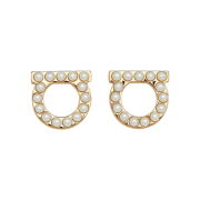 (W) Ferragamo Gancini Crystal Pearl Earrings Glass Brass & Gold