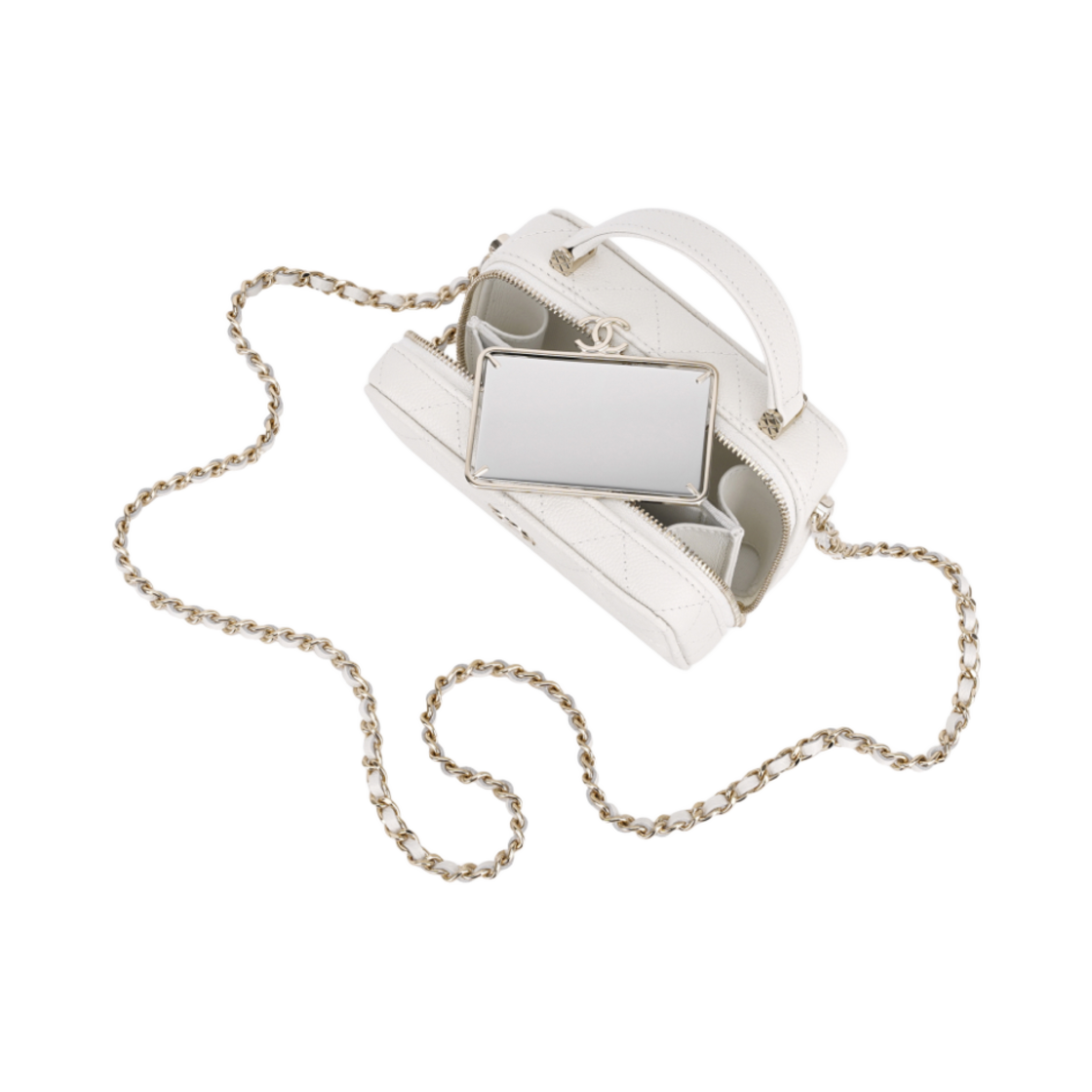 샤넬 체인 코스메틱 케이스 그레인드 샤이니 카프스킨 & 골드 메탈 화이트(Chanel Vanity With Chain Grained Shiny Calfskin & Gold White) - 3