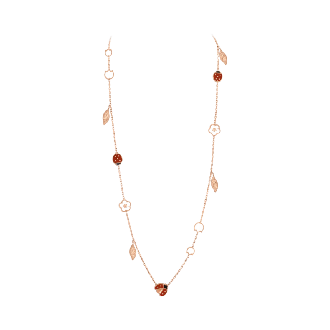 VCARP7RT00 (W) Van Cleef & Arpels Lucky Spring Long Necklace 15 Motifs Pink Gold Mother of Pearl Onyx Carnelian