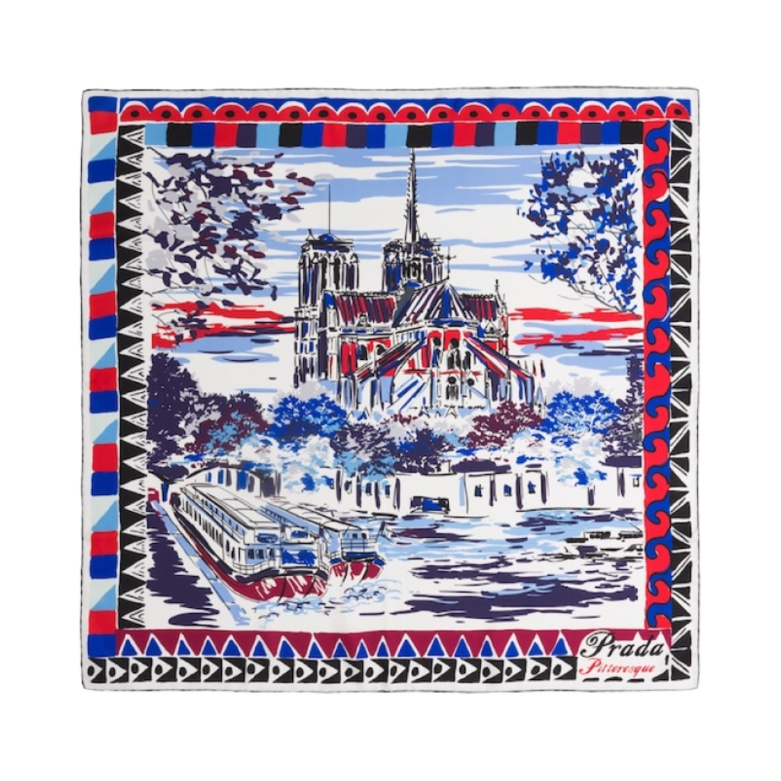 (W) 프라다 피토레스크 파리 프린티드 실크 90 풀라드 네이비((W) Prada Pittoresque Paris Printed Silk 90 Foulard Navy) - 1