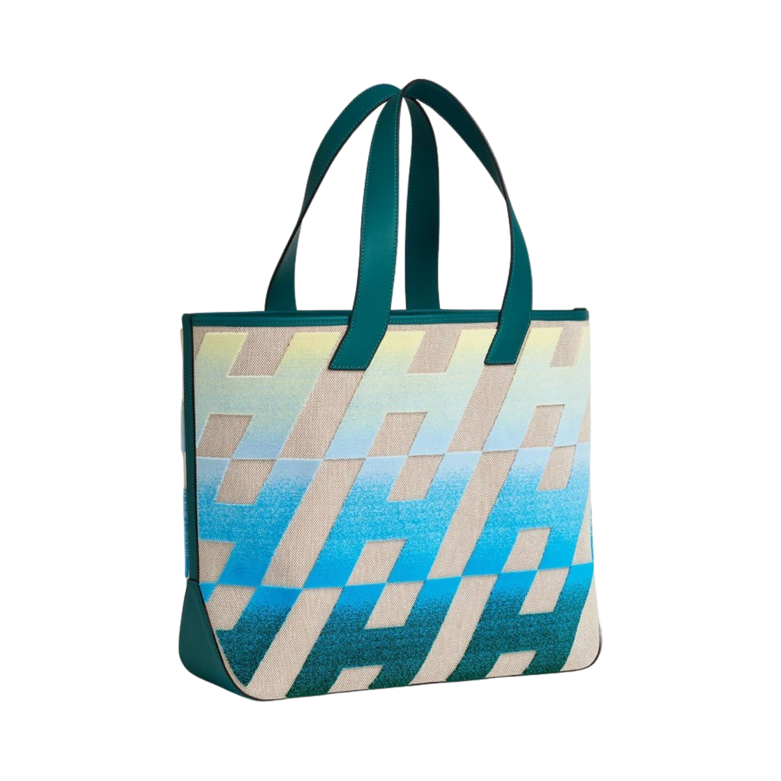 H082924CAAD Hermes Cabas H En Biais 40 Bag H Canvas Swift & Palladium Ecru Beige Jaune Pale Bleu Vert Bosphore - #2