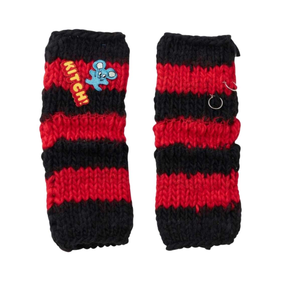 (W) 히스테릭 글래머 HYS 마우스 핸드 니티드 보더 암 워머 블랙((W) Hysteric Glamour HYS Mouse Hand Knitted Border Arm Warmers Black) - 1