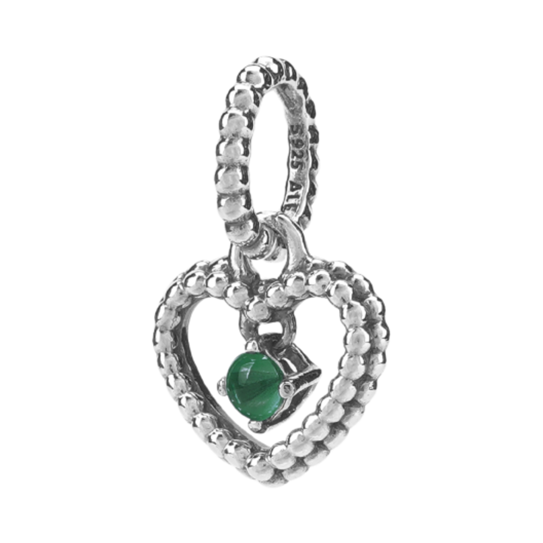 798854C05 (W) Pandora May Birthstone Beaded Heart Dangle Charm Sterling Silver Rainforest Green