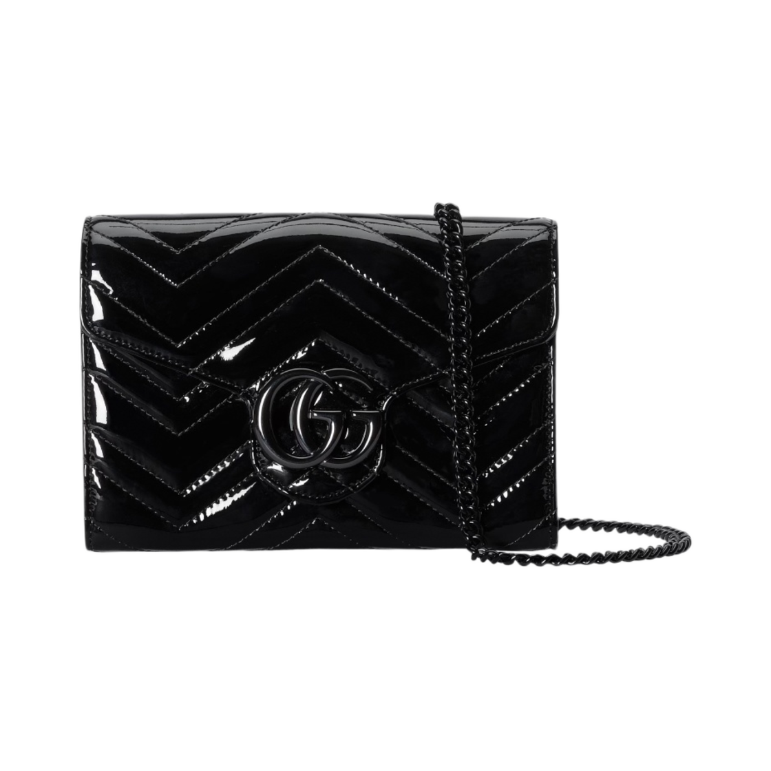 474575-AACJS-1000 Gucci GG Marmont Patent Matelasse Mini Bag Black Patent Leather