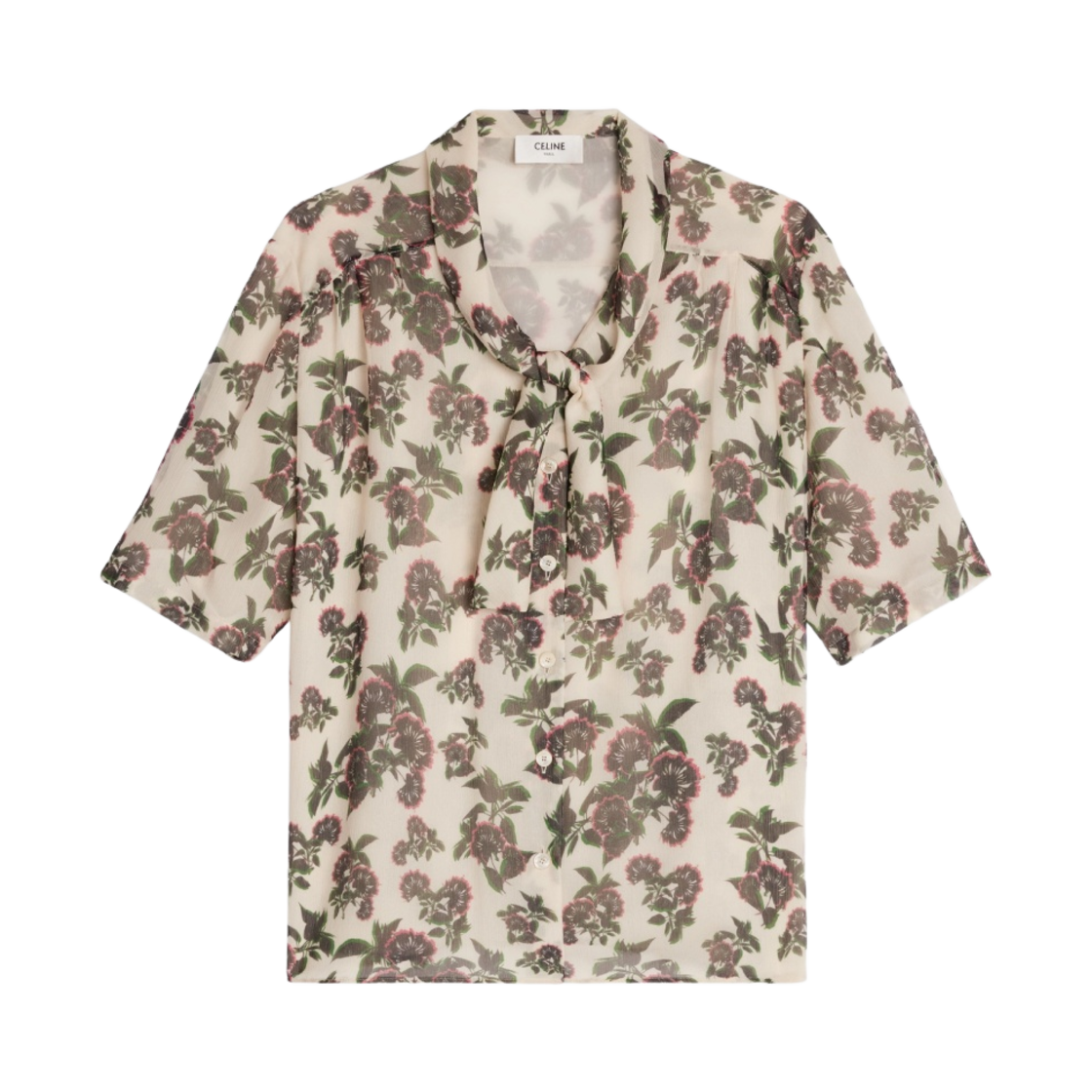 (W) 셀린느 실크 크레퐁 블라우스 보우 끄레 느와르 푸시아((W) Celine Blouse with Bow in Silk Crepon Craie Noir Fushia) - 1