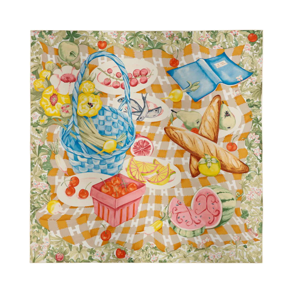 H004181S05 (W) Hermes Un Carre Sur L'Herbe Scarf 90 & Vert Amande Bleu Jaune