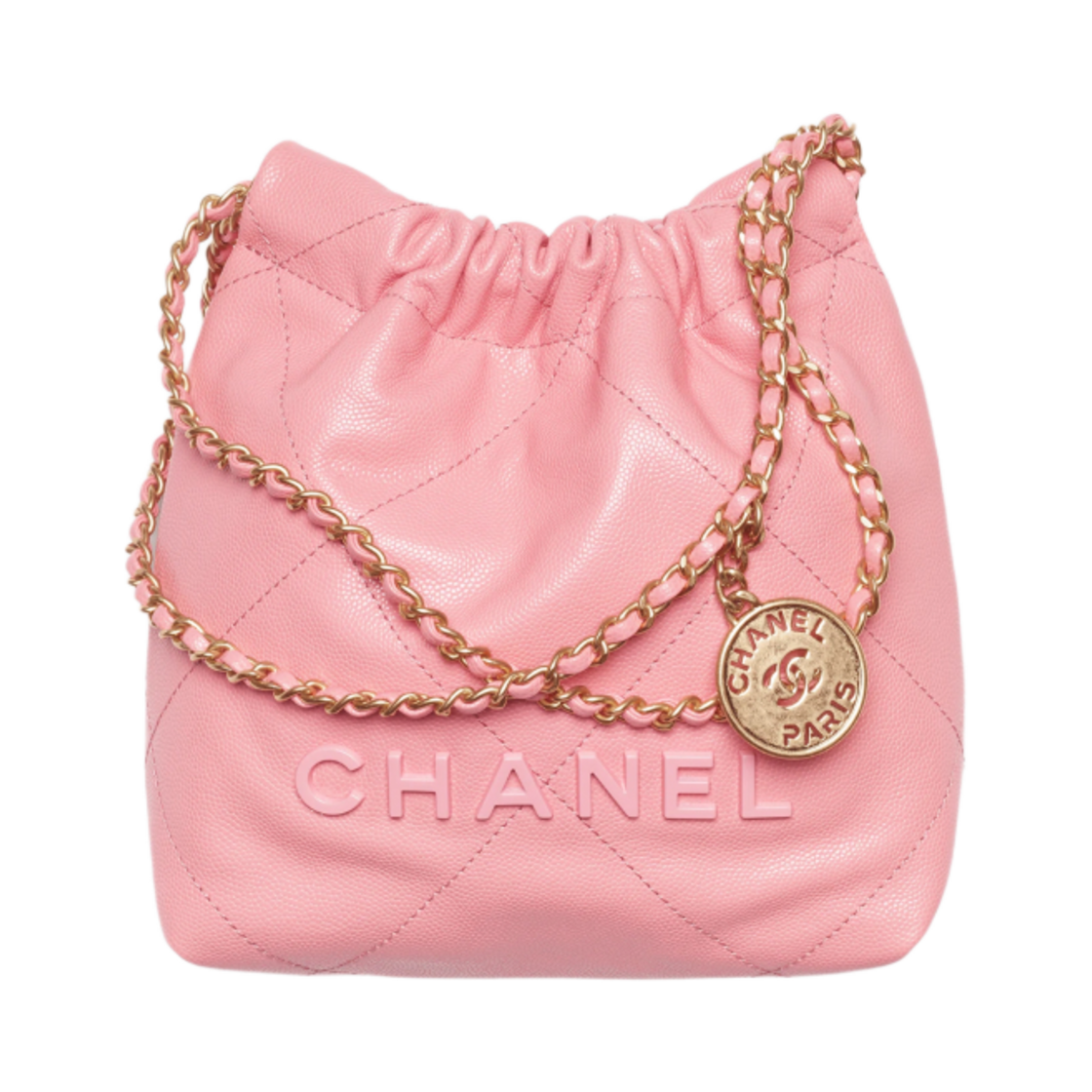 샤넬 22 미니 핸드백 샤이니 그레인드 카프스킨 & 골드 래커드 메탈 코랄 핑크(Chanel 22 Mini Handbag Shiny Grained Calfskin & Gold Lacquered Coral Pink)