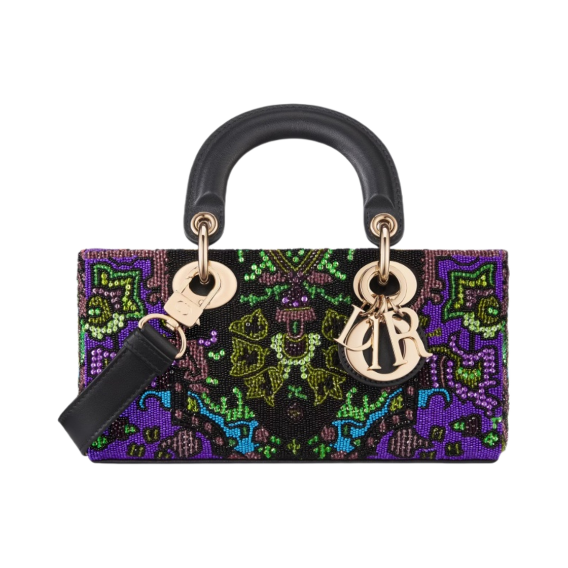 디올 스몰 레이디 D 조이 백 사틴 자수 멀티컬러 인디언 퍼플 모티프 블랙(Dior Small Lady D Joy Bag Satin Embroidered Multicolor Indian Purple Motif Black) - 1