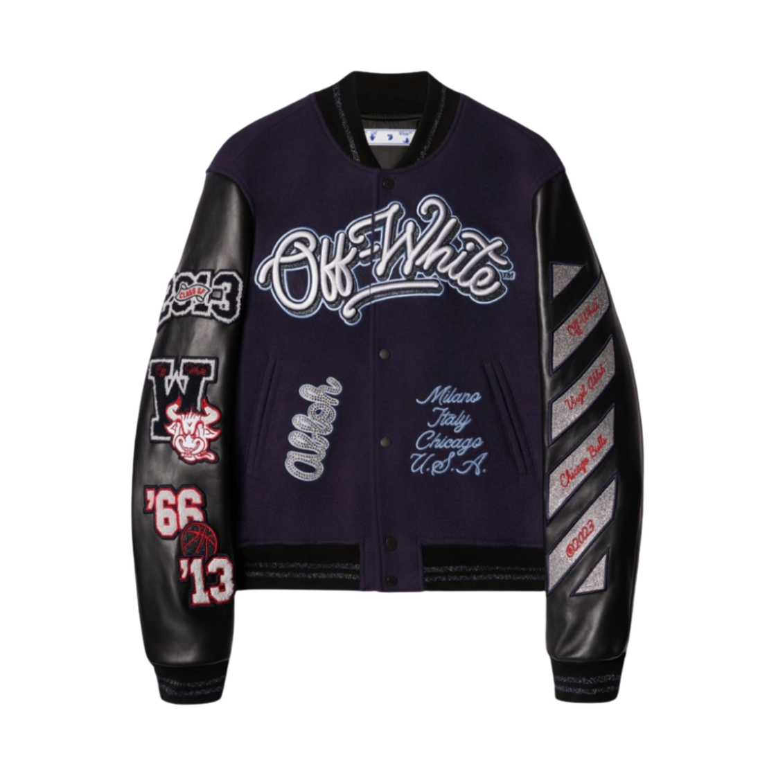 오프화이트 C/O 시카고 불스 바시티 자켓 네이비 블루 그레이(Off-White C/O Chicago Bulls Varsity Jacket Navy Blue Grey)