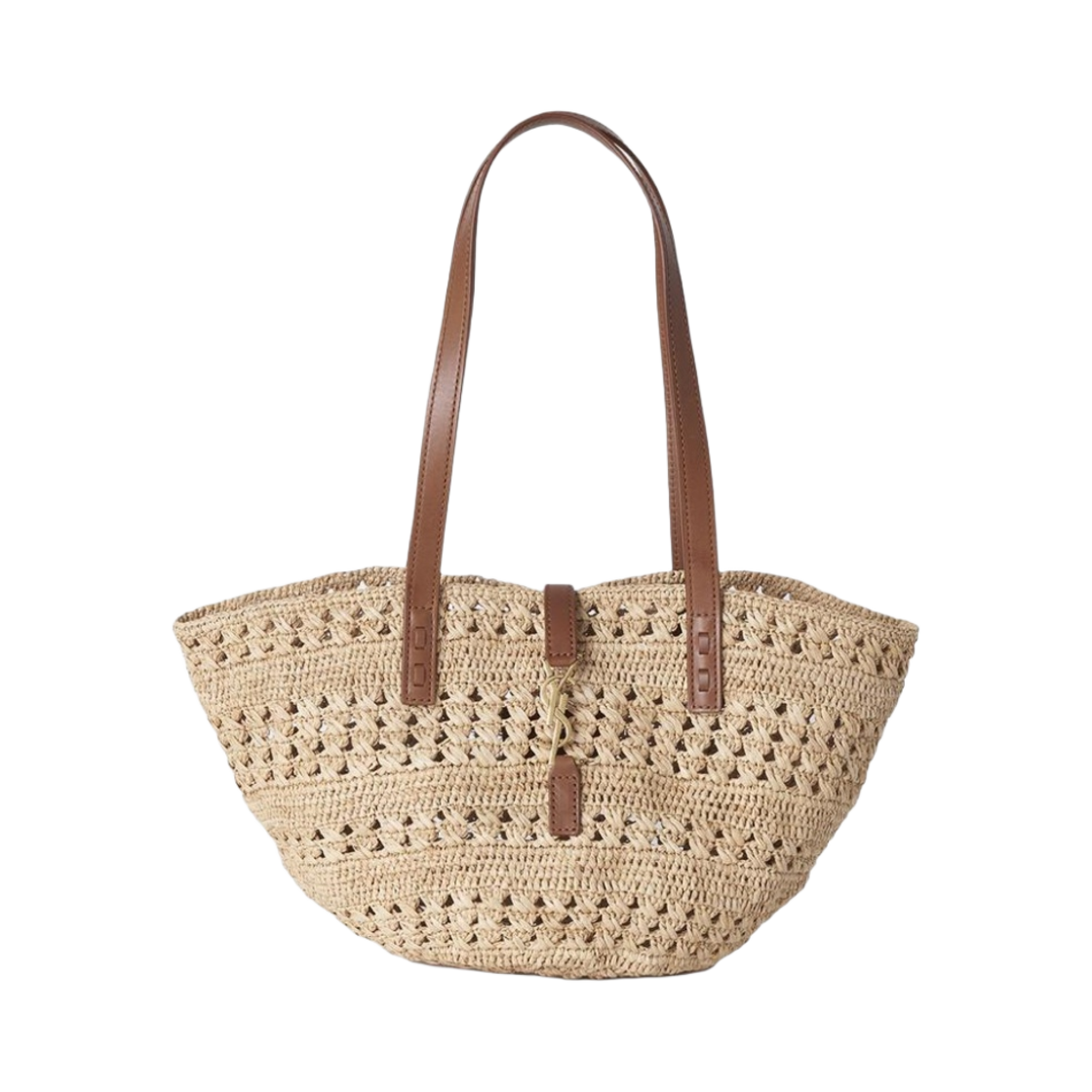 생로랑 크로셰 라피아 앤 스무스 레더 파니에 스몰백 내츄럴