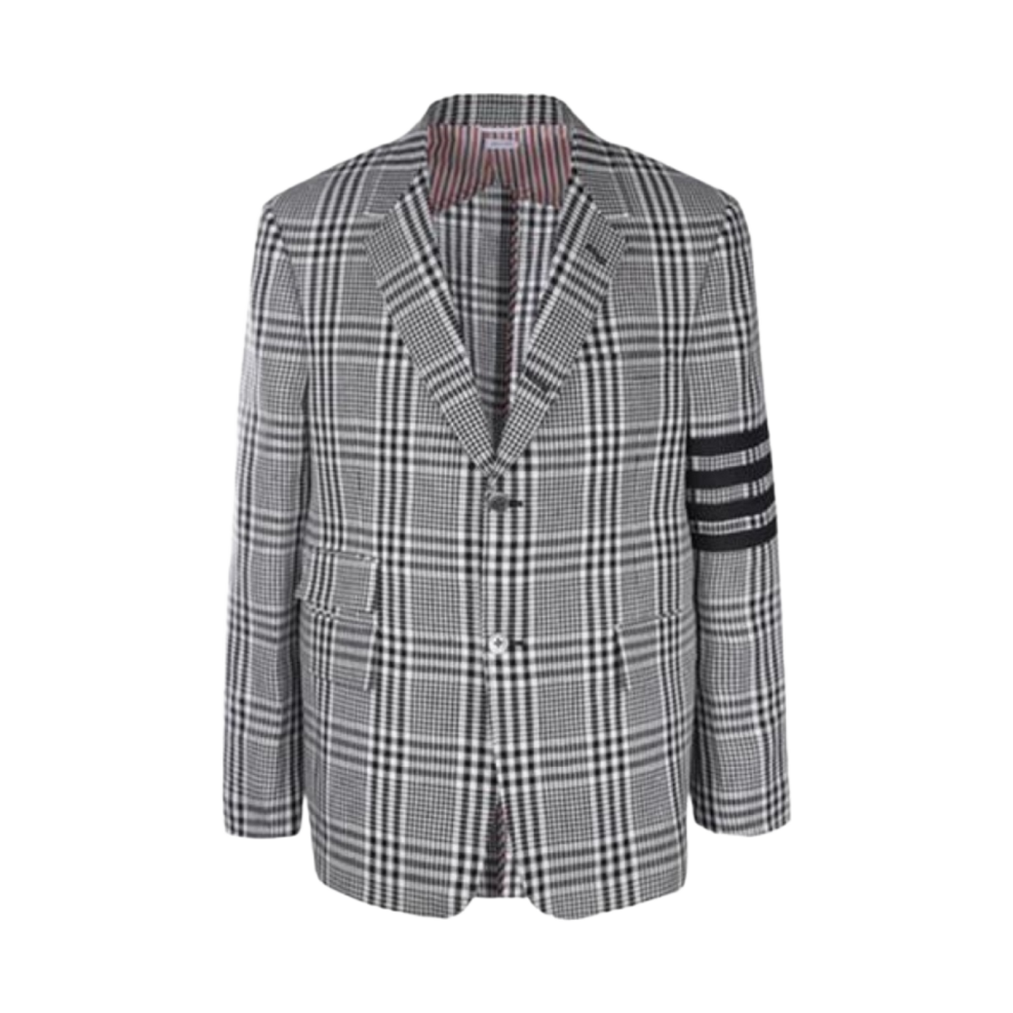 MJC348H-07889-980 Thom Browne Gingham Prince of Wales Linen Single Vent Sport Coat Black White