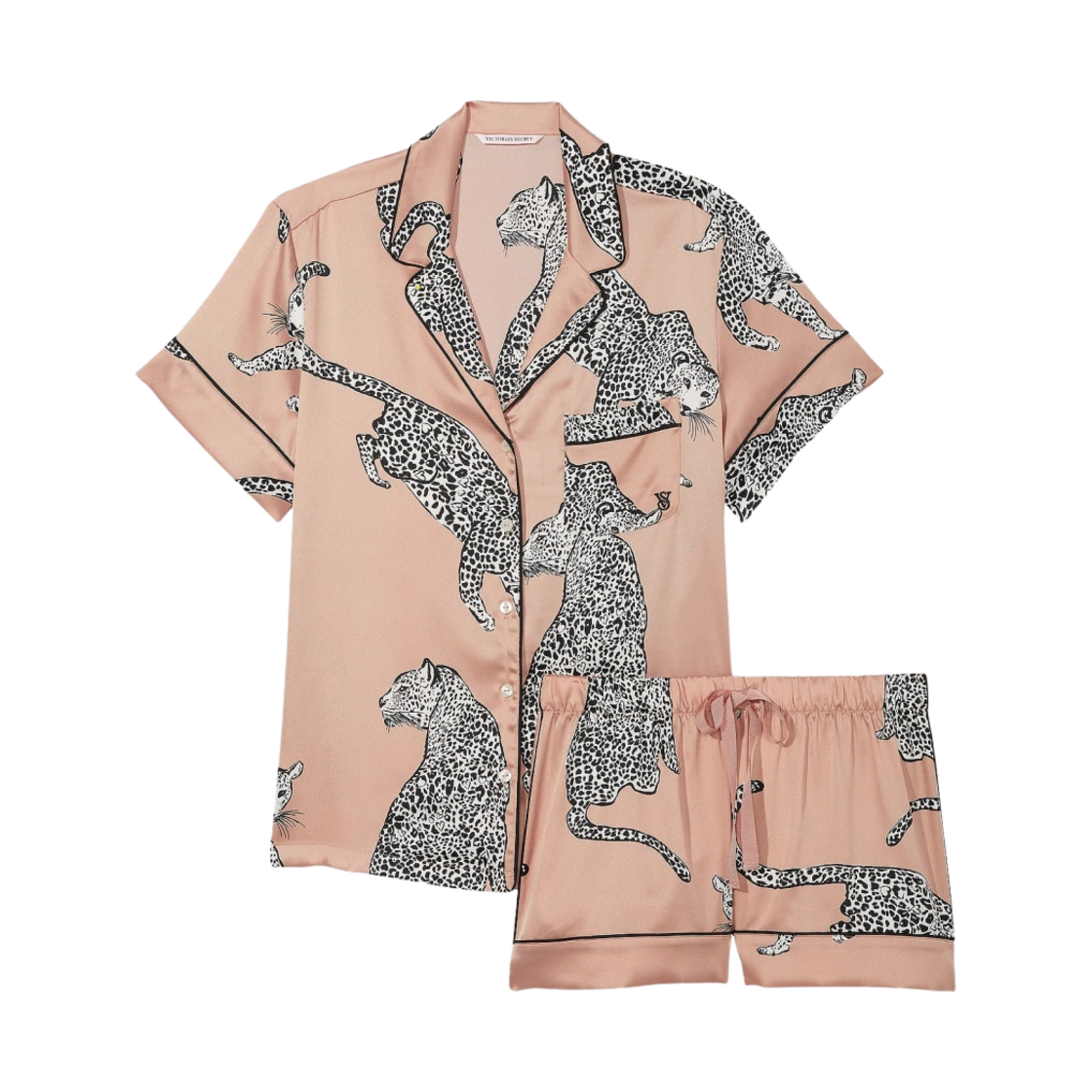 11172758 (W) Victoria's Secret Satin Short Pajama Set Evening Blush Leopards
