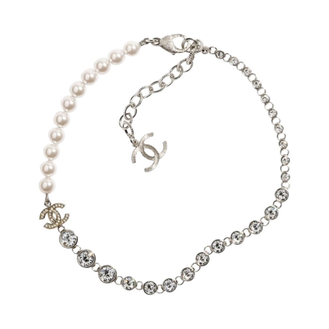 (W) 샤넬 네클리스 메탈 글라스 펄 스트라스 & 실버 펄리 화이트 크리스탈((W) Chanel Necklace Metal Glass Pearls Strass & Silver Pearly White Crystal)