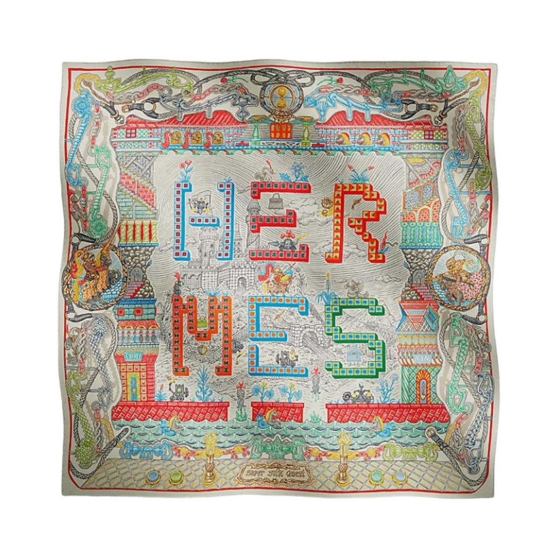 H004011S04 (W) Hermes Super Silk Quest Scarf 90 Argent Corail Multicolore
