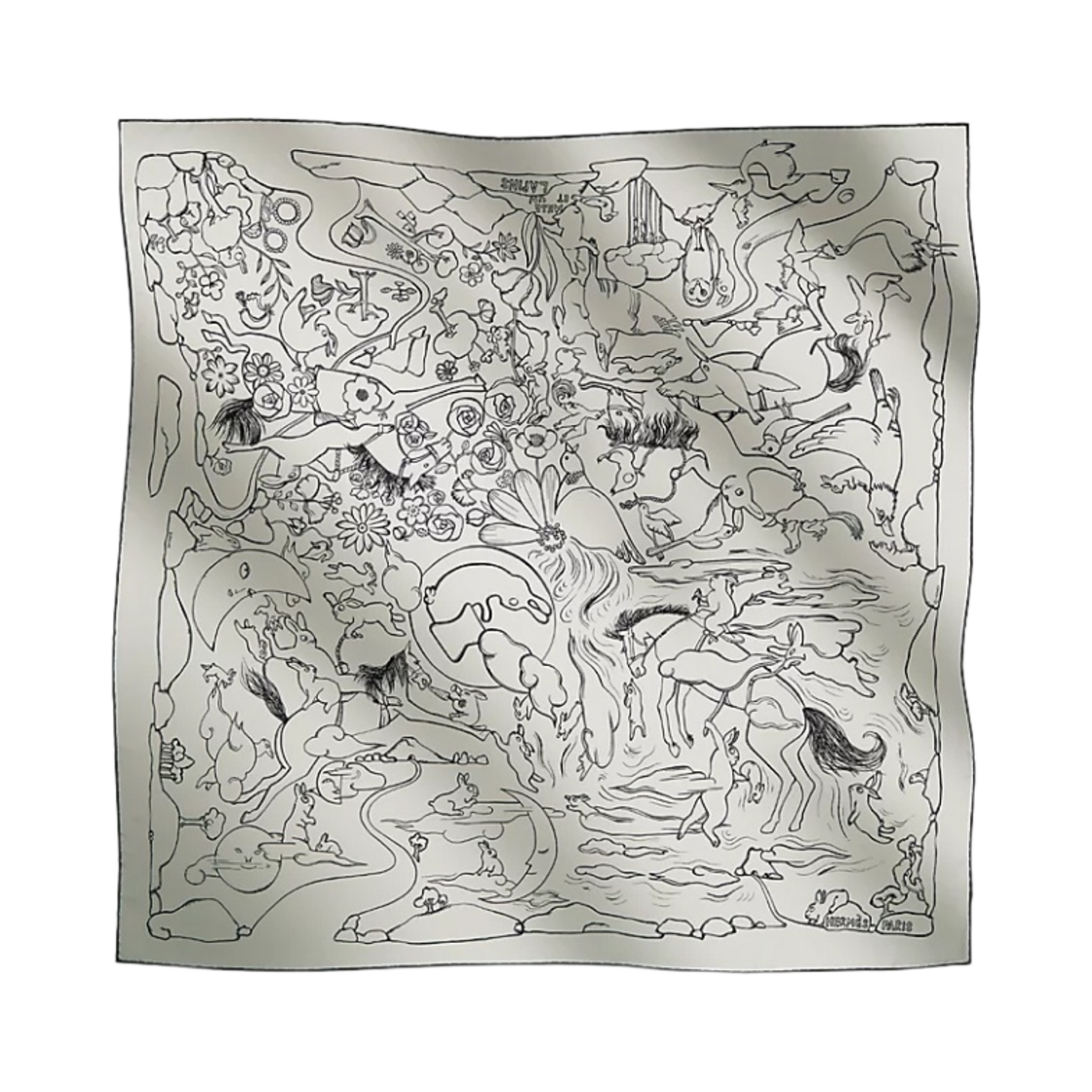 H004007S23 (W) Hermes Mille et Un Lapins Scarf 90 Blanc Noir