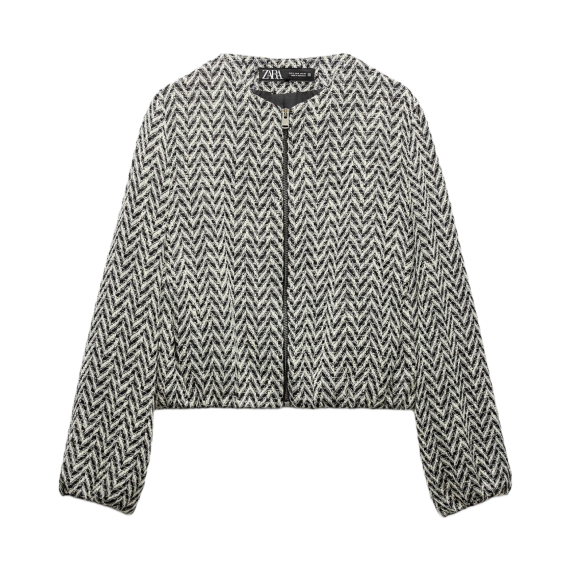 (W) 자라 헤링본 봄버 자켓 에크루 블랙((W) Zara Herringbone Bomber Jacket Ecru Black) - 1