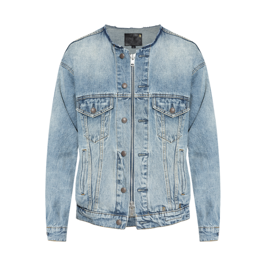 (W) R13 칼라리스 트러커 자켓 캑스턴 블루((W) R13 Collarless Trucker Jacket Caxton Blue)