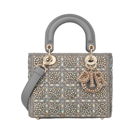 Dior Small Lady Bag Gray Smooth Calfskin Satin Bead Embroidery