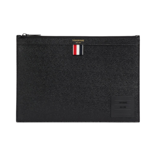 MAC124A-00198-001 Thom Browne Pebble Grain Leather 4-Bar Brass Label Small Document Holder Black