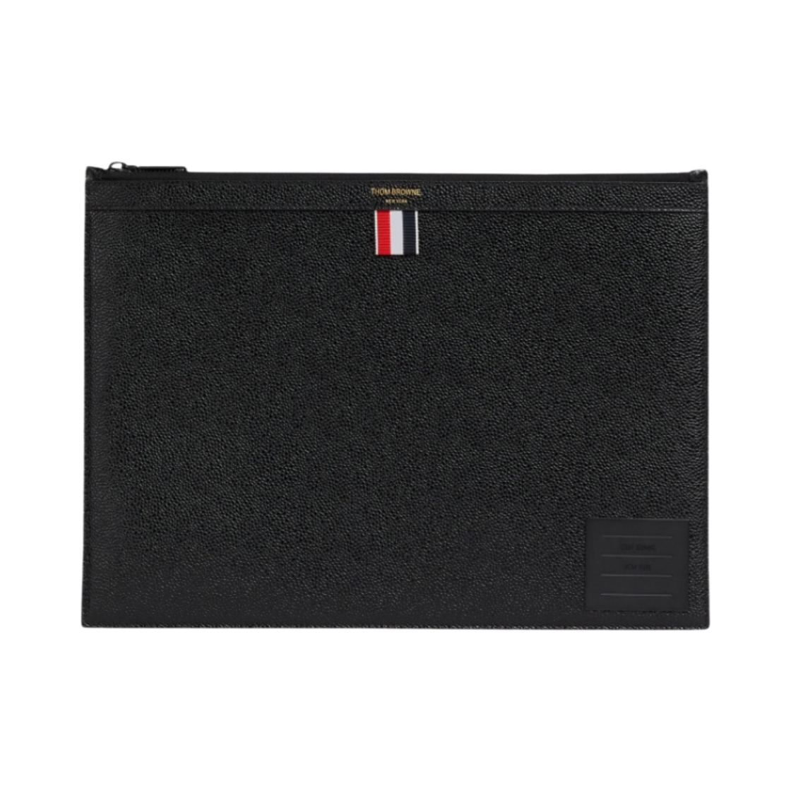 MAC123A-00198-001 Thom Browne Pebble Grain Leather 4-Bar Brass Label Medium Zipped Document Holder Black